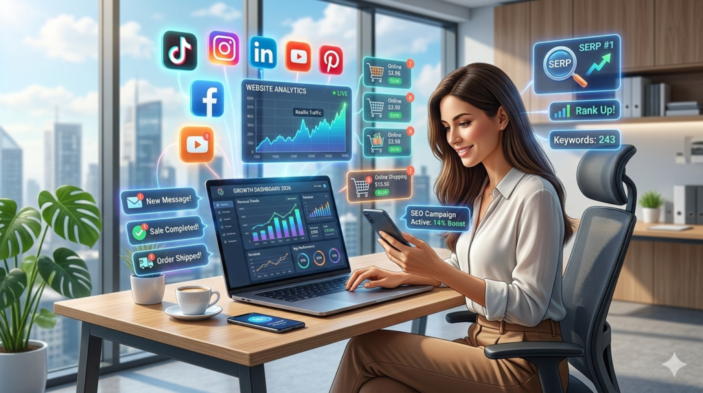 Digital marketing strategy with SEO analytics and social media marketing tools