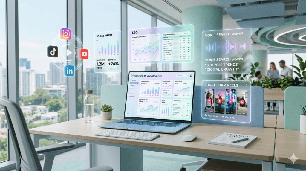 Digital marketing analytics dashboard showing SEO graphs and social media marketing performance