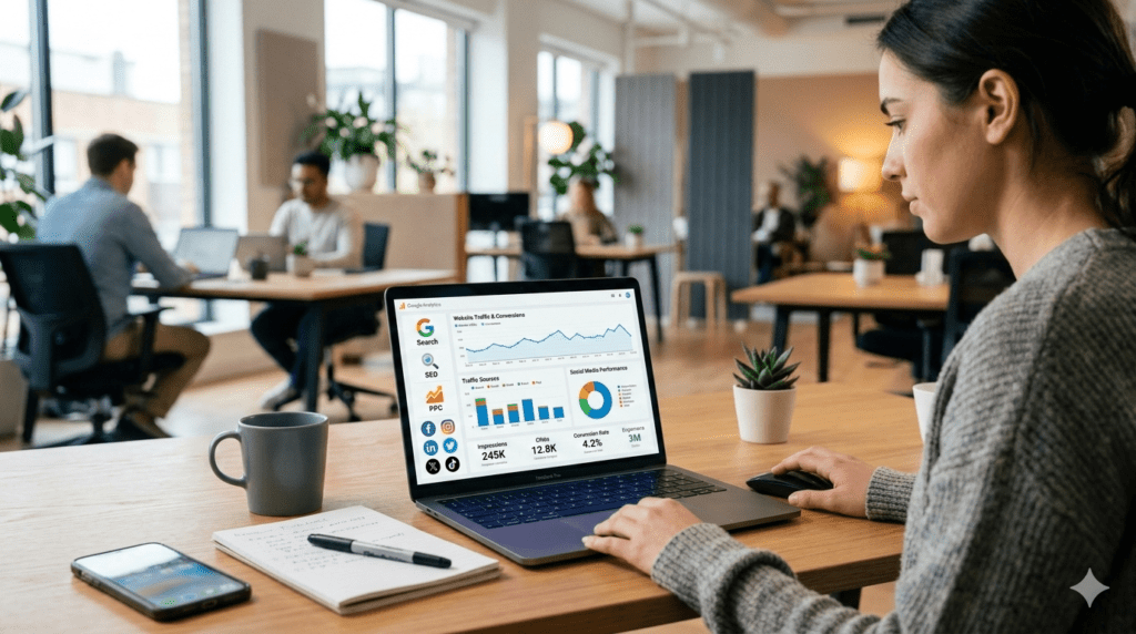 Digital marketer analyzing SEO and social media performance data on a laptop in a modern office workspace.
